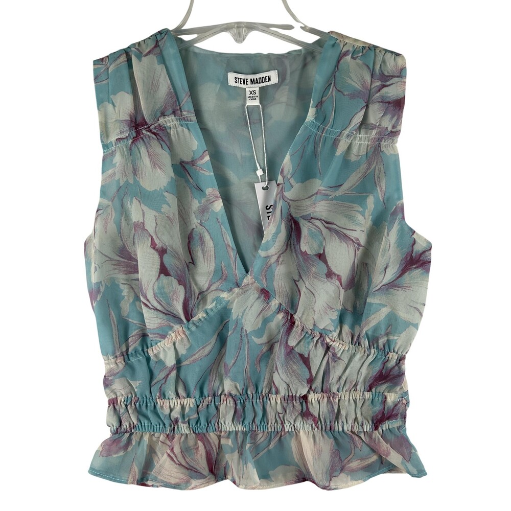 Steve Madden Blouse Womens XS Hazeey Blue Floral Ruched V-Neck Peplum Top